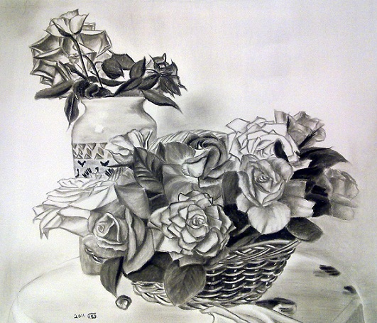 The roses in basket contecharcoal pencil drawing